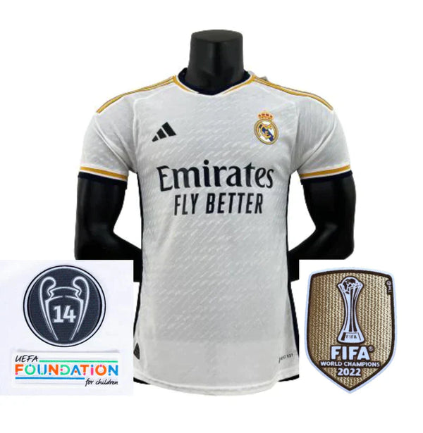 Camiseta Real Madrid Home com Patch Champions e FIFA 23/24 - Homme Jugador